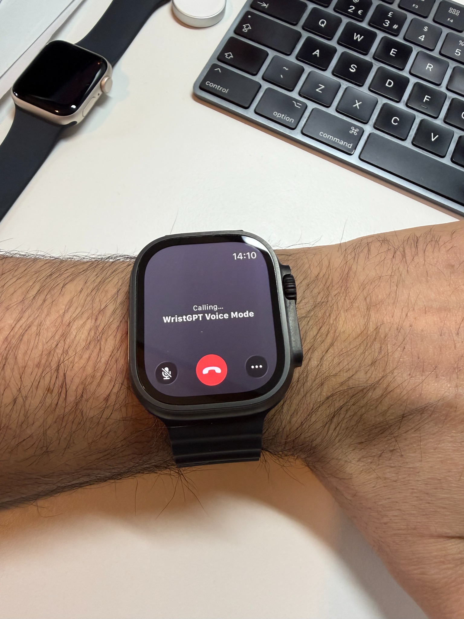 WristGPT Voice Mode on an Apple Watch, worn on the wrist